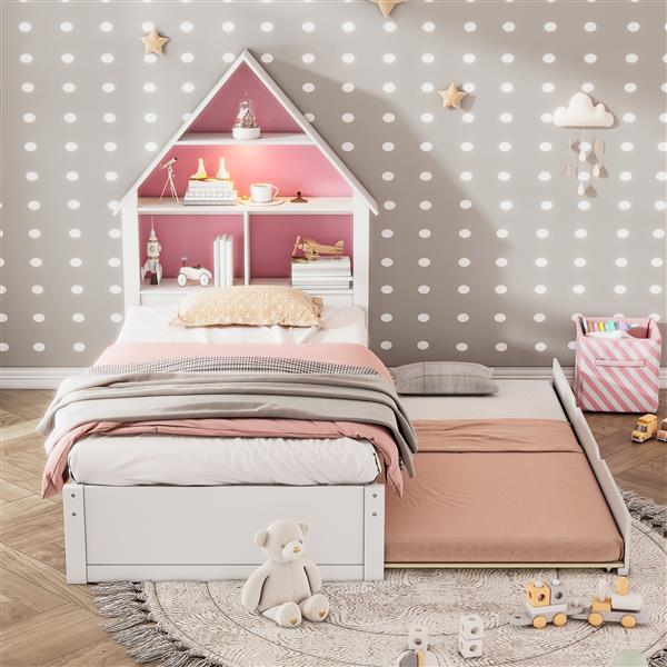 Twin Size House-Shaped Bed with Bookcase Headboard and Led Light and Twin Size Trundle for Kids Boys Girls, Pink+ White