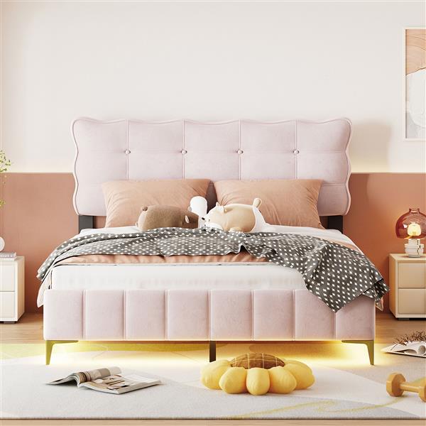 Queen Size Velvet Platform Bed with LED Frame and Stylish Mental Bed Legs, Pink