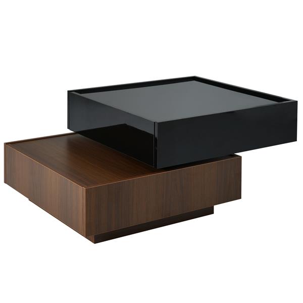 Multi-functional Square 360°Rotating Coffee Table with 2 Drawers, High Gloss 2-Tier Center Table with Swivel Tabletop and Storage, Walnut Table Frame Side Table for Living Room, Black