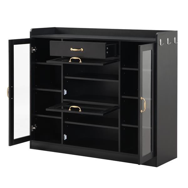 Modernist Side Cabinet with 4 Glass Doors & 3 Hooks, Freestanding Shoe Rack with Multiple Adjustable Shelves, Versatile Display Cabinet with Gold Handles for Hallway, Living Room, Black