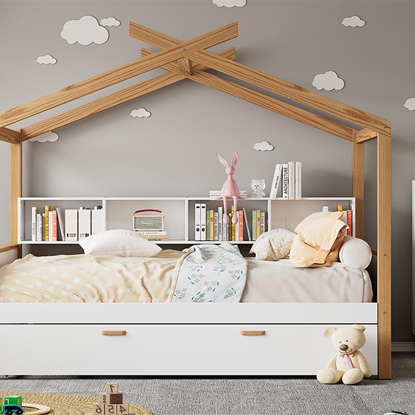 White Twin Size Wooden House Bed with Original Wood Colored Frame Twin Size Trundle and Bookshelf Storage Space for Children or Guest Room