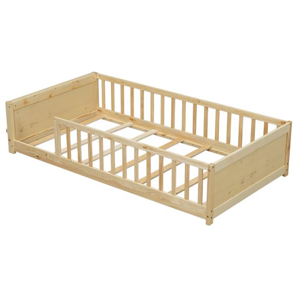 Twin size Floor Platform Bed with Built-in Book Storage Rack,Natural