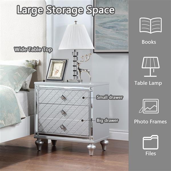 Contemporary Nightstands with mirror frame accents, Bedside Table with two drawers and one hidden drawer, End Table with Crystal Pull for Living Room,Bedroom, Silver