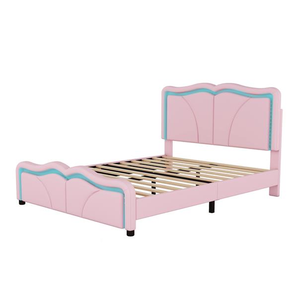 Full Size Upholstered Platform Bed with Curve Shaped and Height-adjustbale Headboard,LED Light Strips,Pink