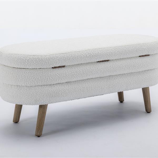 036-Boucle Fabric Storage Bench Bedroom Bench With Wood Legs For Living Room Bedroom Indoor,Ivory