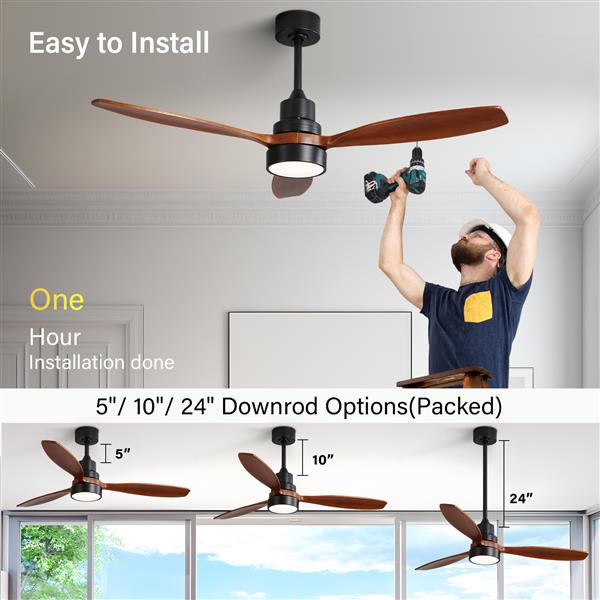 52 Inch Wooden Ceiling Fan With 3 Solid Wood Blades Remote Control Reversible DC Motor With Led Light