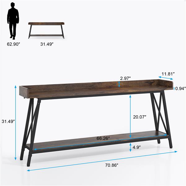 70.87 inch Extra Long Console Table Behind Couch, Rustic Industrial Sofa Table for Living Room, Narrow Entryway Hallway Long Bar Table, Brown+Black