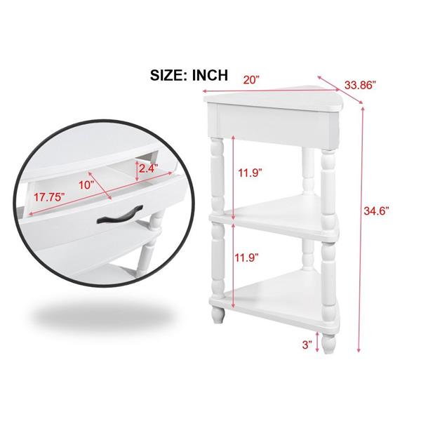 33.8'' Small Triangle Corner Table, Wood Corner Side Table for Small Spaces/ Living Room, 3 Tier End Corner Table with Solid Wood Legs, Milk White