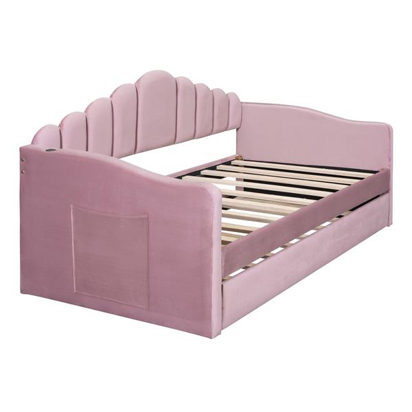 Twin size Upholstered Daybed with Trundle ,Velvet Sofabed with USB Charging Ports,No Box-spring Needed,Pink