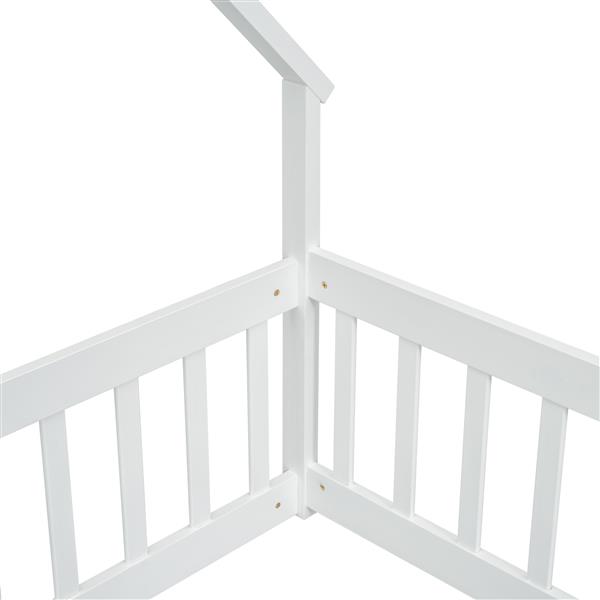 Twin Wood House-Shaped Floor Bed with Fence, Guardrails ,White