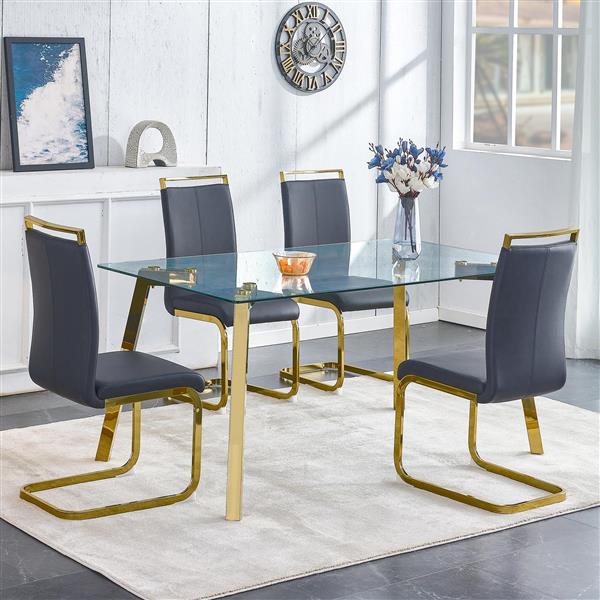 Modern minimalist style rectangular glass dining table with tempered glass tabletop and golden metal legs, suitable for kitchen, dining room, and living room, 63 inches * 35.4 inches * 30 inches