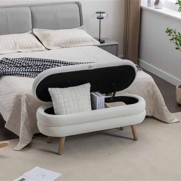 036-Velvet Fabric Storage Bench Bedroom Bench With Wood Legs For Living Room Bedroom Indoor,Ivory