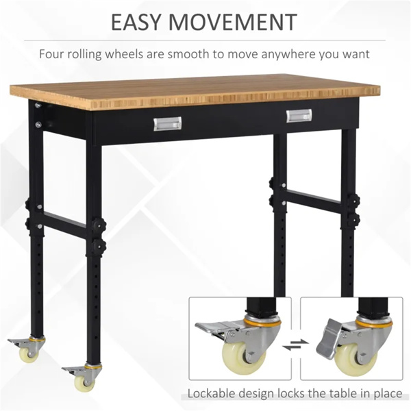 47" Garage Work Bench with Drawer and Wheels, Height Adjustable Legs, Bamboo Tabletop Workstation Tool Table