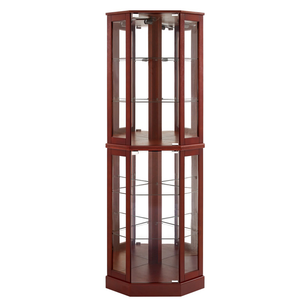 6 Shelf Corner Curio Display Cabinet with Lights, Mirrors and Adjustable Shelves, Cherry(E26 light bulb not included) 