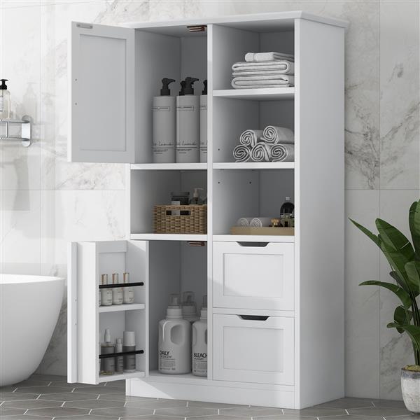 Bathroom Storage Cabinet with Doors and Drawers, Multiple Storage Space, Freestanding Style, Open Shelve, Adjustable Shelf, White