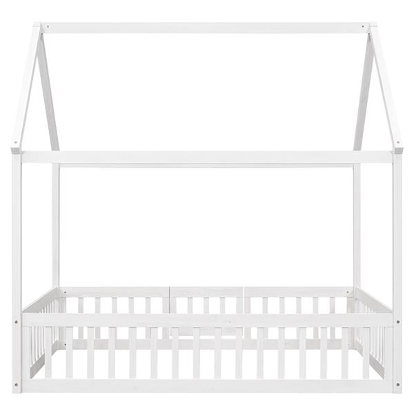 Full Size Wood House Bed with Fence and Door, White Wash