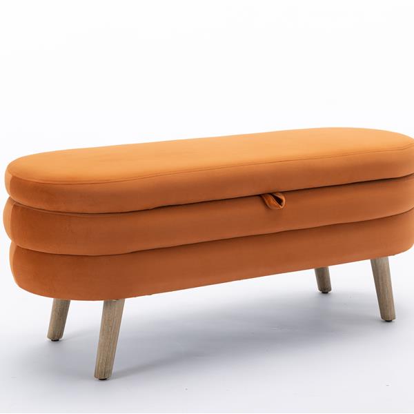 036-Velvet Fabric Storage Bench Bedroom Bench With Wood Legs For Living Room Bedroom Indoor,Orange