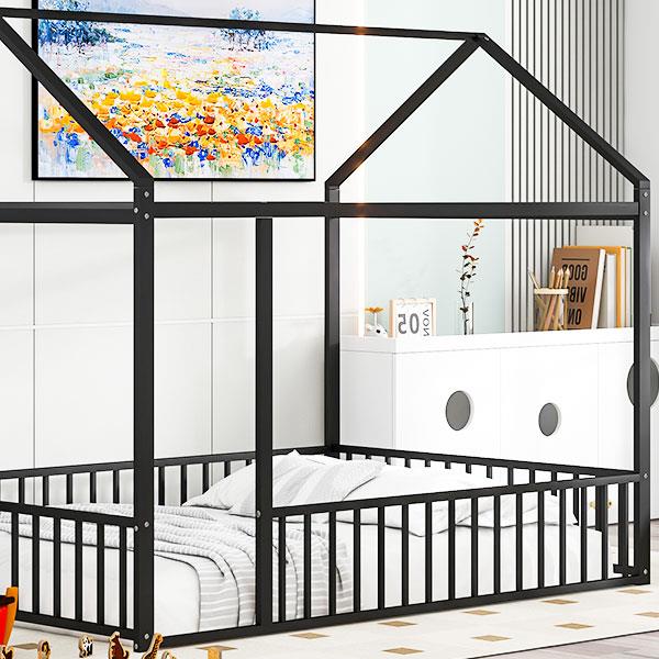 Full Size Metal Bed House Bed Frame with Fence, for Kids, Teens, Girls, Boys,Black