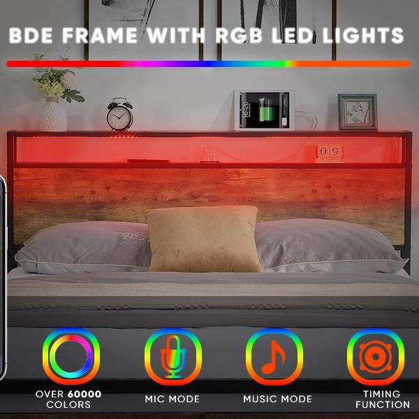 Full Size Bed Frame with Storage Headboard and 2 Drawers, LED Lights Bed with Charging Station, Metal Platform Bed No Noise, Mattress Foundation Strong Metal Slats Support No Box Spring Needed