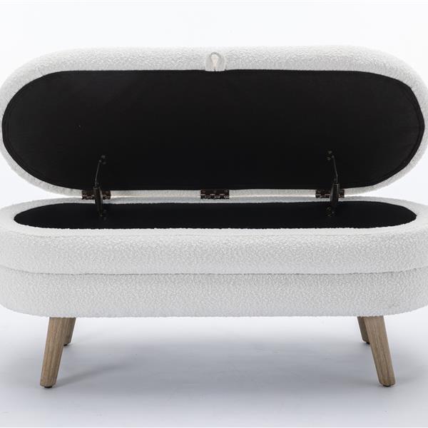 036-Boucle Fabric Storage Bench Bedroom Bench With Wood Legs For Living Room Bedroom Indoor,Ivory