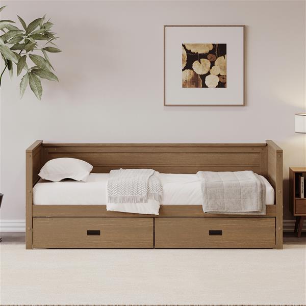 Twin Size Solid Wood Daybed with Two Drwaers for Kids Teens Dorm Bedroom Multipurpose Guest Room or Home, Walnut