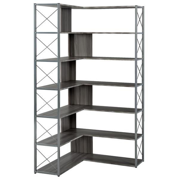 Silver+Grey 7-Tier Bookcase Home Office Bookshelf,  L-Shaped Corner Bookcase with Metal Frame, Industrial Style Shelf with Open Storage, MDF Board