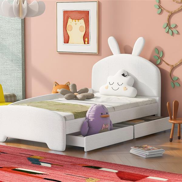 Twin Size Upholstered Platform Bed with Cartoon Ears Shaped Headboard and 2 Drawers, White