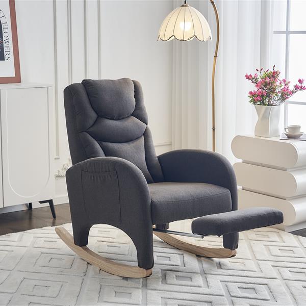 052-Cotton Linen Fabric Nursery Rocking Chair With Adjustable Footrest,Dark Gray