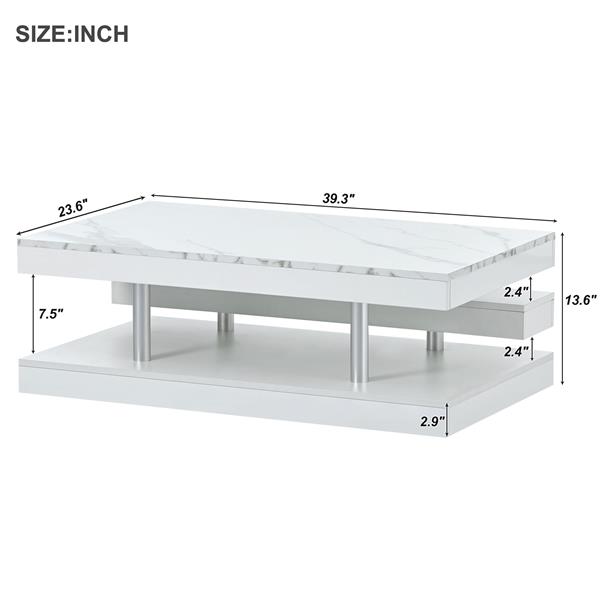 [VIDEO provided] Modern 2-Tier Coffee Table with Silver Metal Legs, Rectangle Cocktail Table with High-gloss UV Surface, Minimalist Design Center Table for Living Room, White