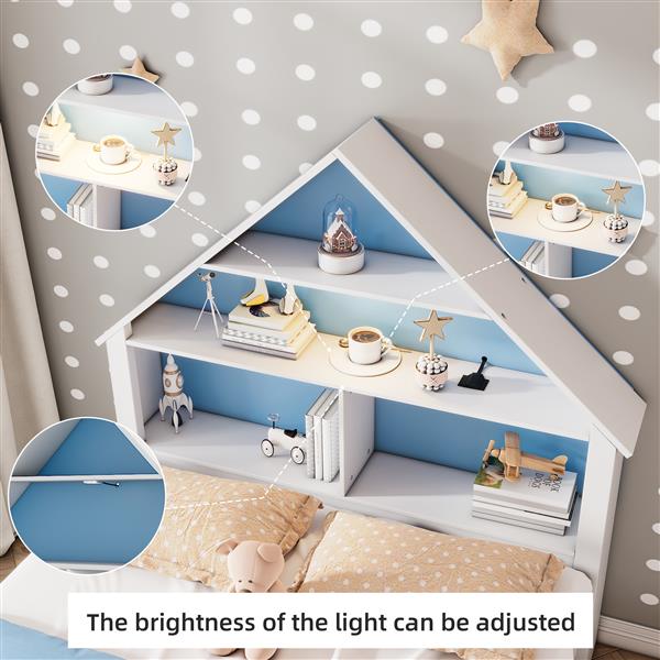 Twin Size House-Shaped Bed with Bookcase Headboard and Led Light and Twin Size Trundle for Kids Boys Girls, Blue+ White