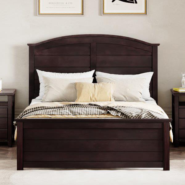 Farmhouse Wooden Platform Full Size Bed with Curl Design Headboard and Footboard for Teenager, Espresso