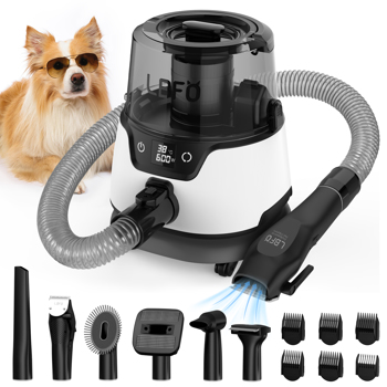 Dog Grooming Kit, Pet Hair Vacuum and Dog Dryer with 5 Pet Grooming Tools, 600w Dog Grooming Vacuum with 3L Dust Cup Dog Clippers, Low Noise Pet Grooming Kit with Dog Clippers for Grooming(White)