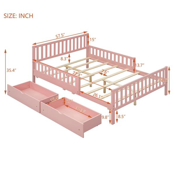 Full Size Wood Platform Bed with Guardrails on Both Sides and Two Storage Drawers ,Pink