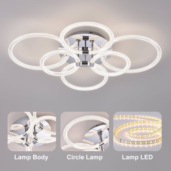 Modern LED, Flush Mount Ceiling Light with Dimmable Remote Control, 6Rings Acrylic Fixture for Bedroom, Living Room, Kitchen, Office Lamps (6 Heads)[Unable to ship on weekends, please note that]