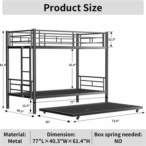 Heavy-duty Sturdy Meta Twin over Twin Bunk Bed/l/ Noise Reduced/ Safety Guardrail/No Box Spring Needed,Black