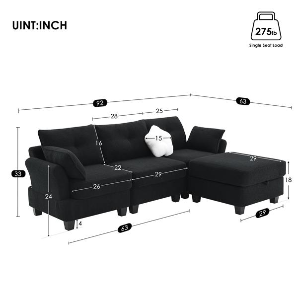 [VIDEO provided] [New] 92*63"Modern Teddy Velvet Sectional Sofa,Charging Ports on Each Side,L-shaped Couch with Storage Ottoman,4 seat Interior Furniture for Living Room, Apartment,3 Colors(3 pillows)