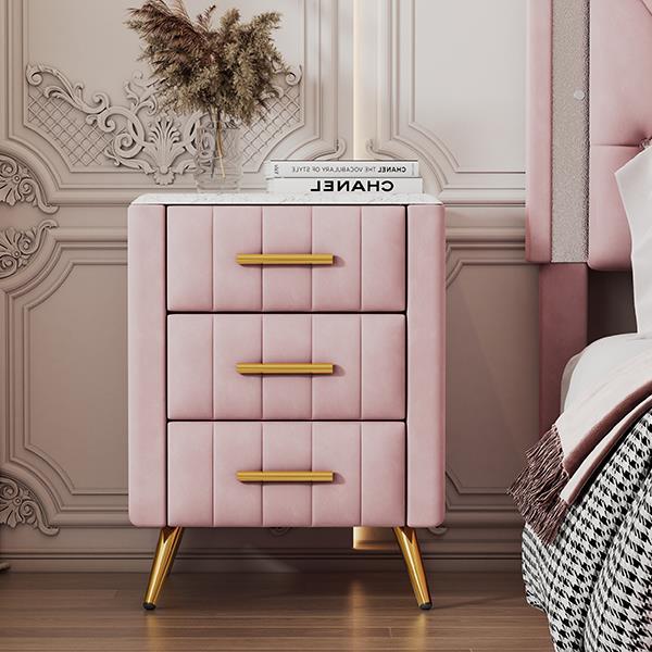 Upholstered Wooden Nightstand with 3 Drawers and Metal Legs&Handles,Fully Assembled Except Legs&Handles,Bedside Table with Marbling Worktop - Pink