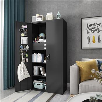 Metal Storage Cabinet with Doors & Adjustable Shelves, 72 Inch Black Lockable Garage Cabinet with Wheels & Drawers & Pegboard