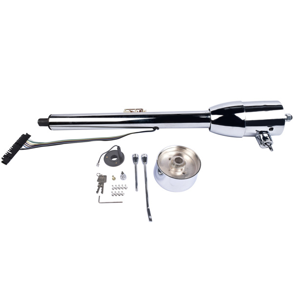 Chrome 28" Tilt Street Rod Floor Shift Steering Column with Key, 9-Hole Adapter