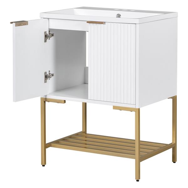 24" Bathroom Vanity with Sink, Bathroom Vanity Cabinet with Two Doors and Gold Metal Frame, Open Storage Shelf, White