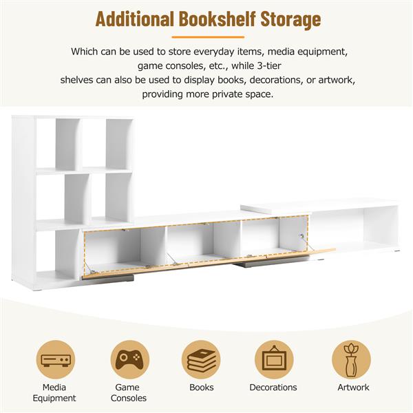 74.8''-126'' Extendable TV Stand with 3 Tier Bookshelves for TVs up to 110'', Adjustable Entertainment Center with Storage Cabinets, Sliding Tabletop Media Console for Living Room, White