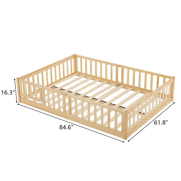 Fence bed with door and decking, natural wood color, painted surface, pine wood, Queen children's bed