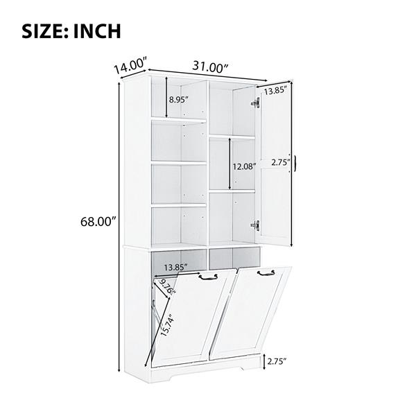 Bathroom Storage Cabinet with Doors and Drawers, Tilt-Out Laundry Hamper, Multiple Storage Space, Freestanding Style, Open Shelve, Adjustable Shelf, White