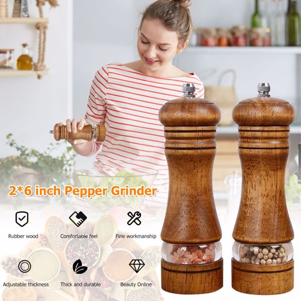 2Pcs Oak Wooden Manual Pepper Grinder Salt Spice Herb Mill Refillable UK