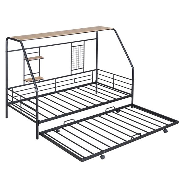 Twin Size Metal House Bed with Trundle, Black