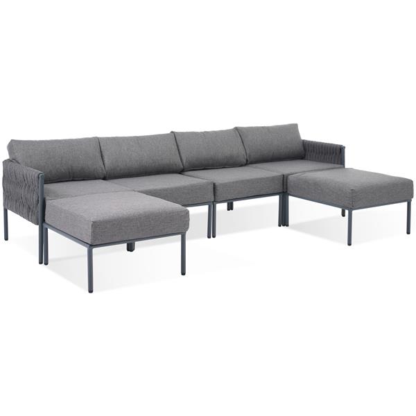 6-Pieces Aluminum Patio Furniture Set, Modern Metal Outdoor Conversation Set Sectional Sofa With Removable Olefin Extra Thick Cushions 5.9" Cushion, Grey