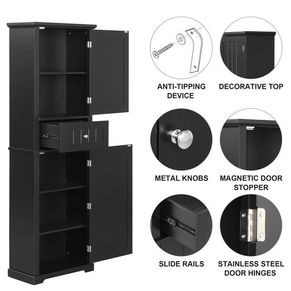 Tall Bathroom Storage Cabinet, Freestanding Storage Cabinet with Drawer and Adjustable Shelf, MDF Board with Painted Finish, Black