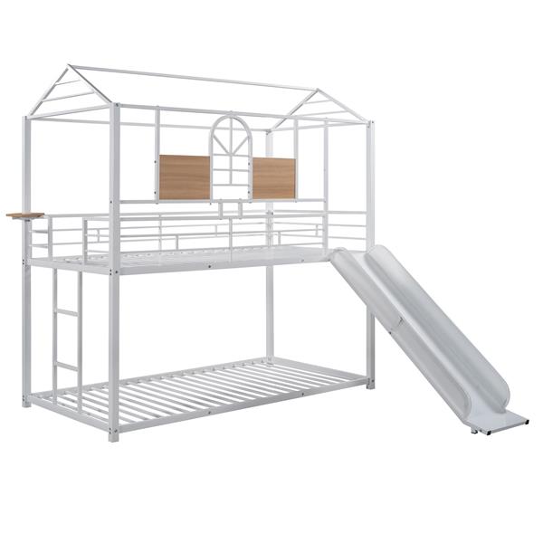 Twin Over Twin Metal Bunk Bed ,Metal Housebed With Slide,Three Colors Available.(White with White  Slide)