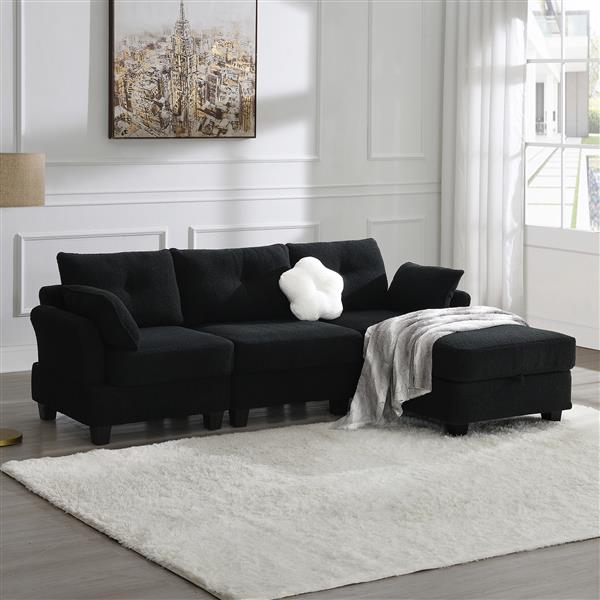 [VIDEO provided] [New] 92*63"Modern Teddy Velvet Sectional Sofa,Charging Ports on Each Side,L-shaped Couch with Storage Ottoman,4 seat Interior Furniture for Living Room, Apartment,3 Colors(3 pillows)