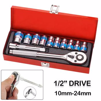 12PCS 1/2\\'\\' Socket Set 10-24mm Steel Case Metric Drive Extension Ratchet Wrench